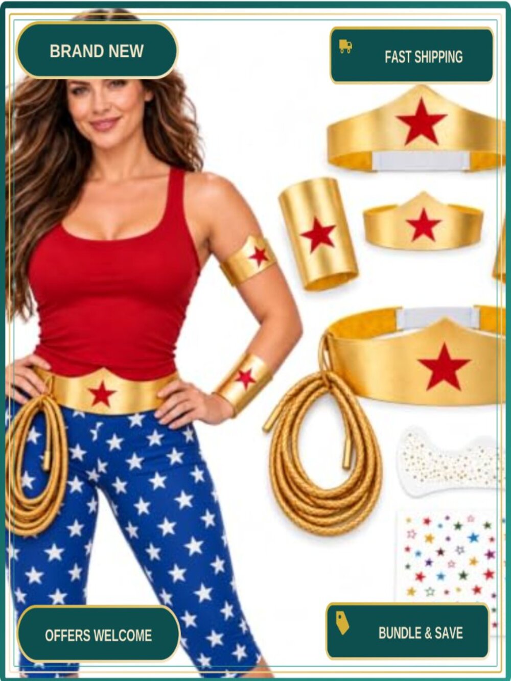 8PC Hero Costume Accessory Set Gold Headpiece Cuffs Belt Rope Tattoos Cosplay
